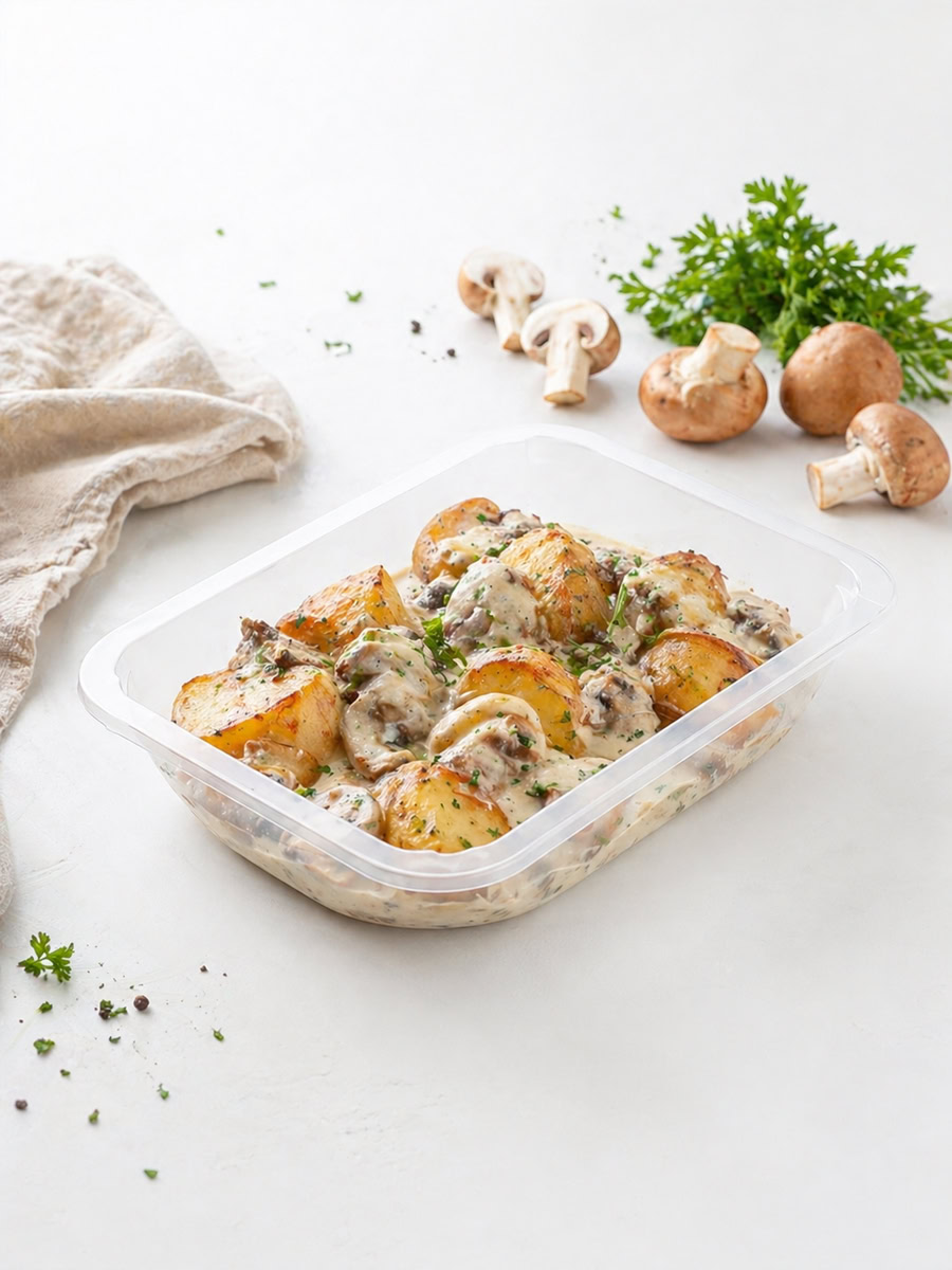 Картофель бейби с грибами и кукурузой, готовое блюдо для сбалансированного меню