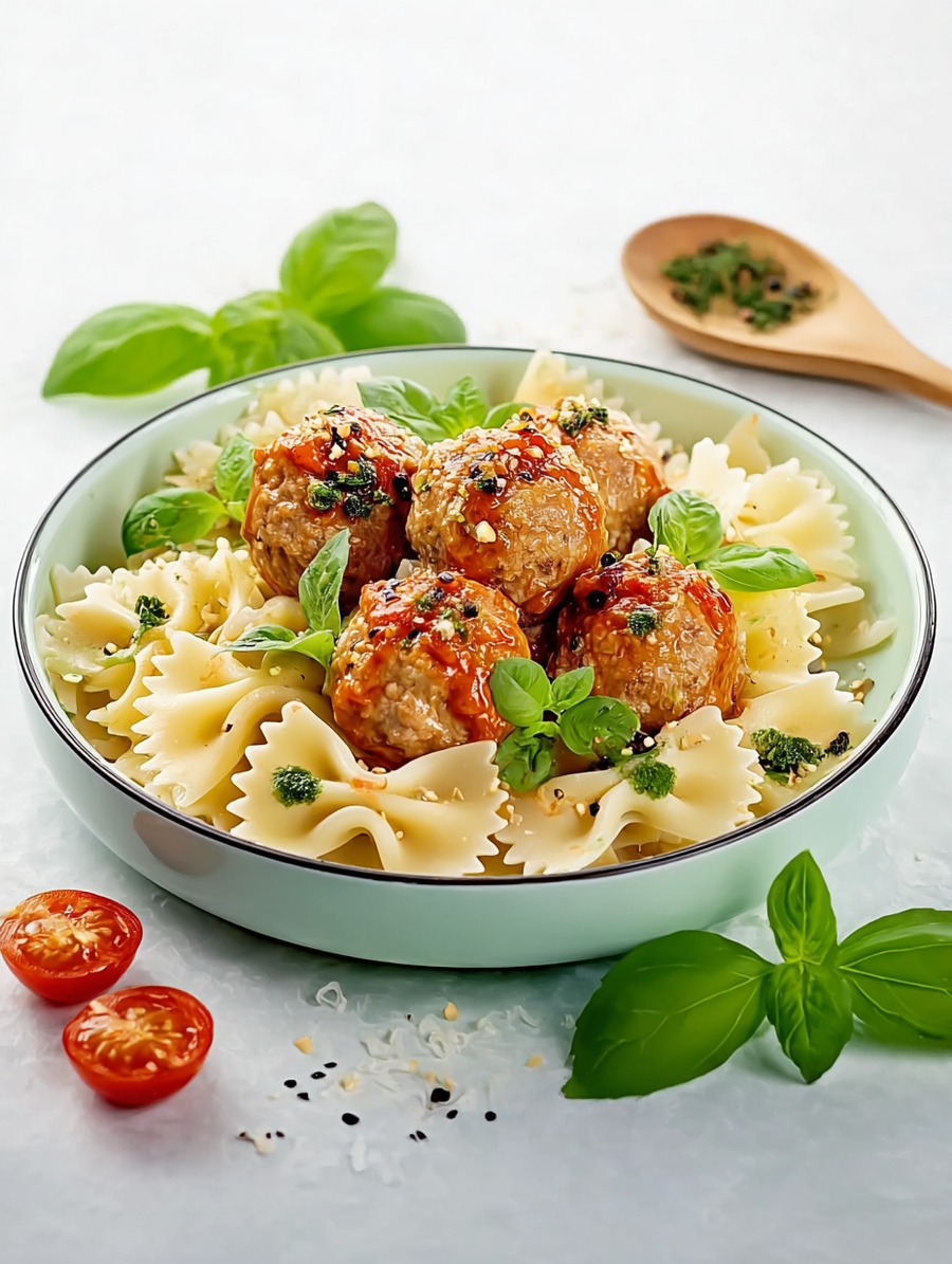 Тефтели запеченные с с-сом томат-базилик и фарфале готовое блюдо Это Норма