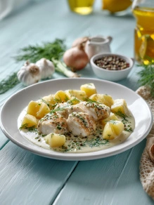 Ломтики филе минтая запечённые с картофелем и луком для правильного питания это норма