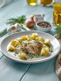 Ломтики филе минтая запечённые с картофелем и луком для правильного питания это норма