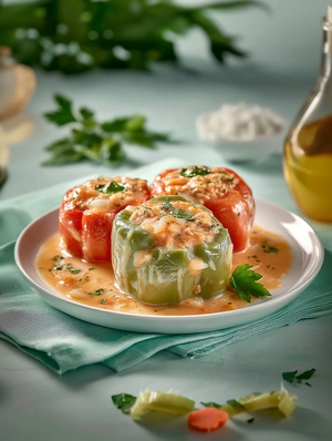 Домашний фаршированный перец с овощной подливой для правильного питания