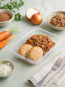 Котлеты из индейки с гречкой и овощами, второе блюдо в составе готового рациона