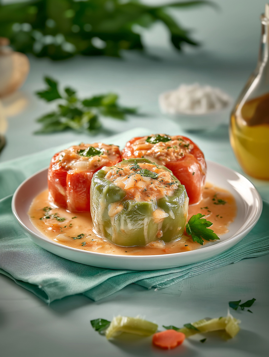Домашний фаршированный перец с овощной подливой для правильного питания